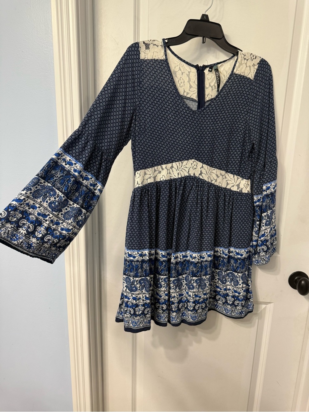 Andree Navy and White Long Sleeve Lace-Trim Peasant Dress
